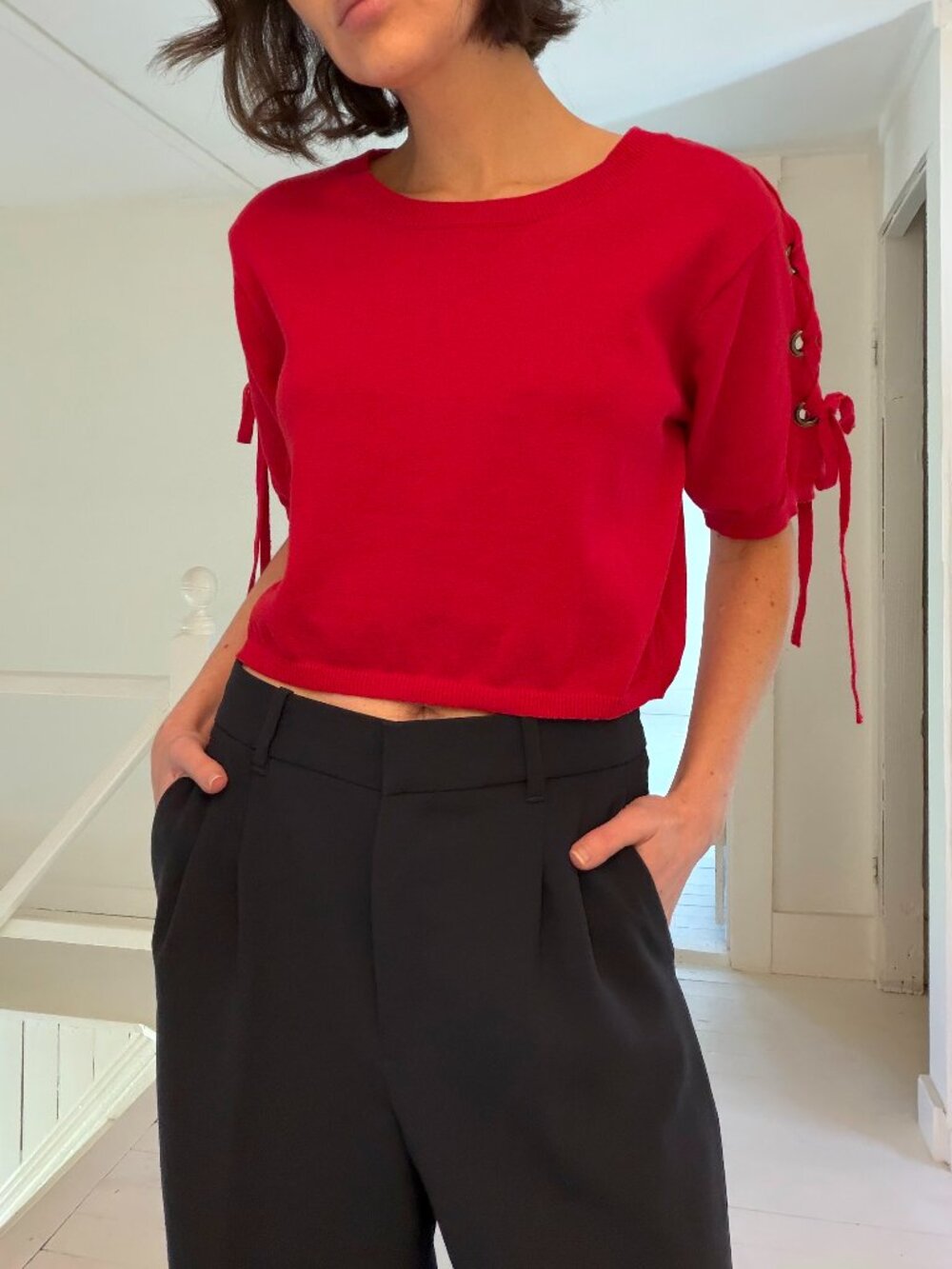 MinkPink Julian Knit Lace-Up Grommet Sleeve Crop Top Red Size M Retail $69